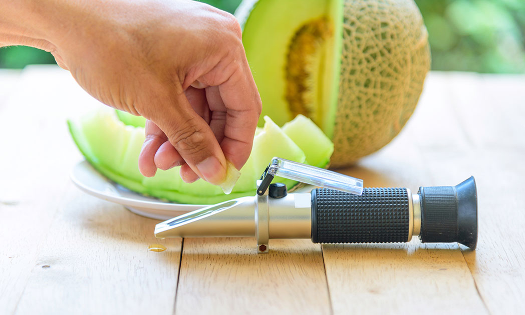 С помощью рефрактометра можно определить количество сахарозы во фруктовом соке